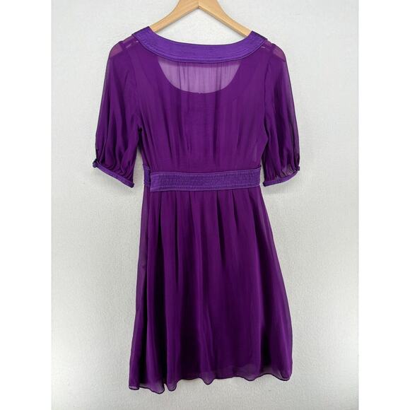 CALYPSO Dress S Small CHRISTIANE CELLE Silk Sheer Satin Trim Knee Length Purple - Picture 3 of 15